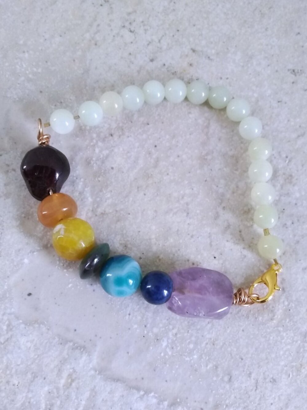 Unique Chakra Gemstone Bracelet: Garnet Lapis Amethyst Various Agates Jade